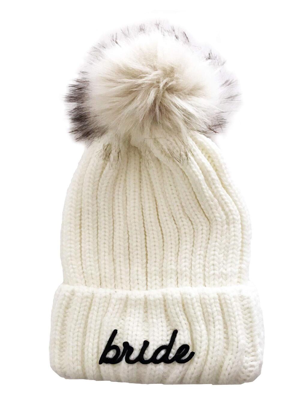1072 Bride & Bridesmaid Beanie Hats Knitted with Faux Fur Pom Poms Winter